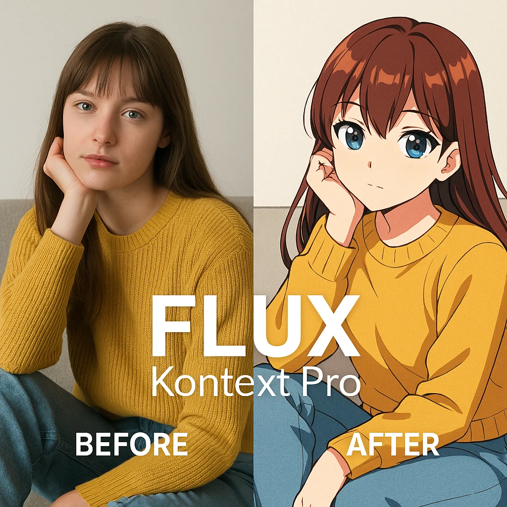 create before after image of a girl before is realsitic photo, after is anime version of her in same pose and clothes, add logo with text of a "FLUX Kontext Pro" emoji