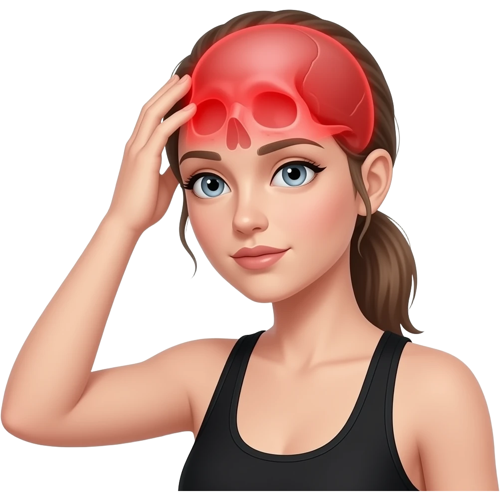 head pain, anatomical highlight of the skull and head muscles, full red glow over the entire head area, woman holding her head, fair-skinned woman, gray-blue eyes, ash brown brows, ash light brown hair tied back, slim athletic body, black workout set emoji