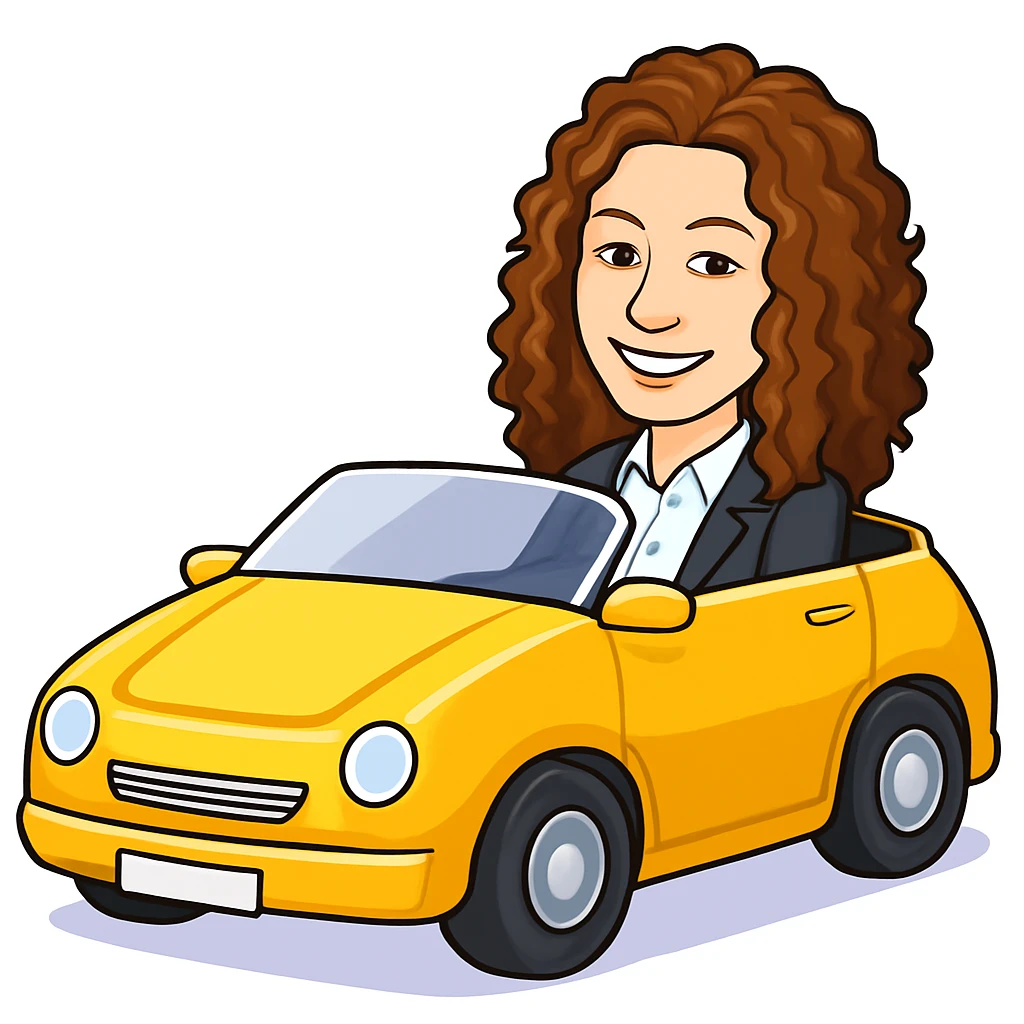 Create a digital cartoon style image of a curly red-haired woman sitting in a yellow car with a white background, similar to the reference image. emoji