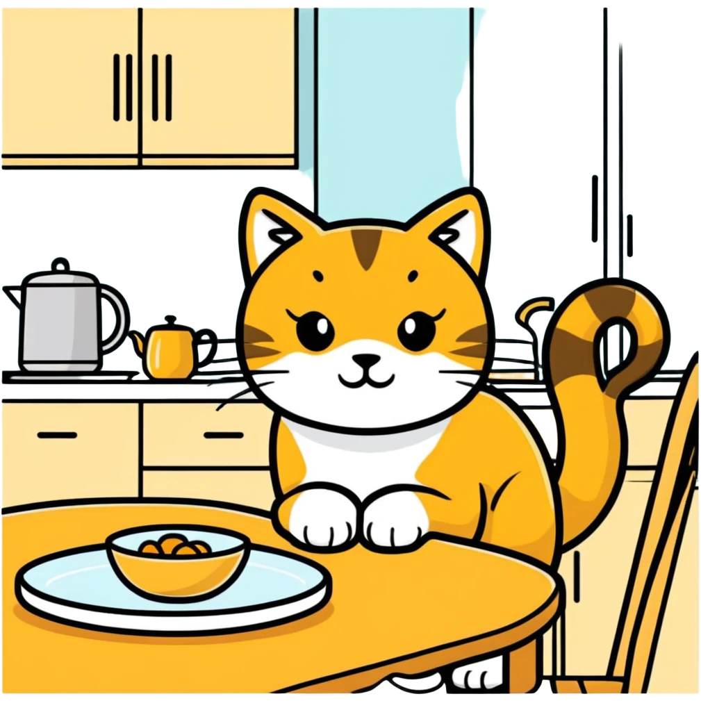 Golden cat on a kitchen table ￼ emoji