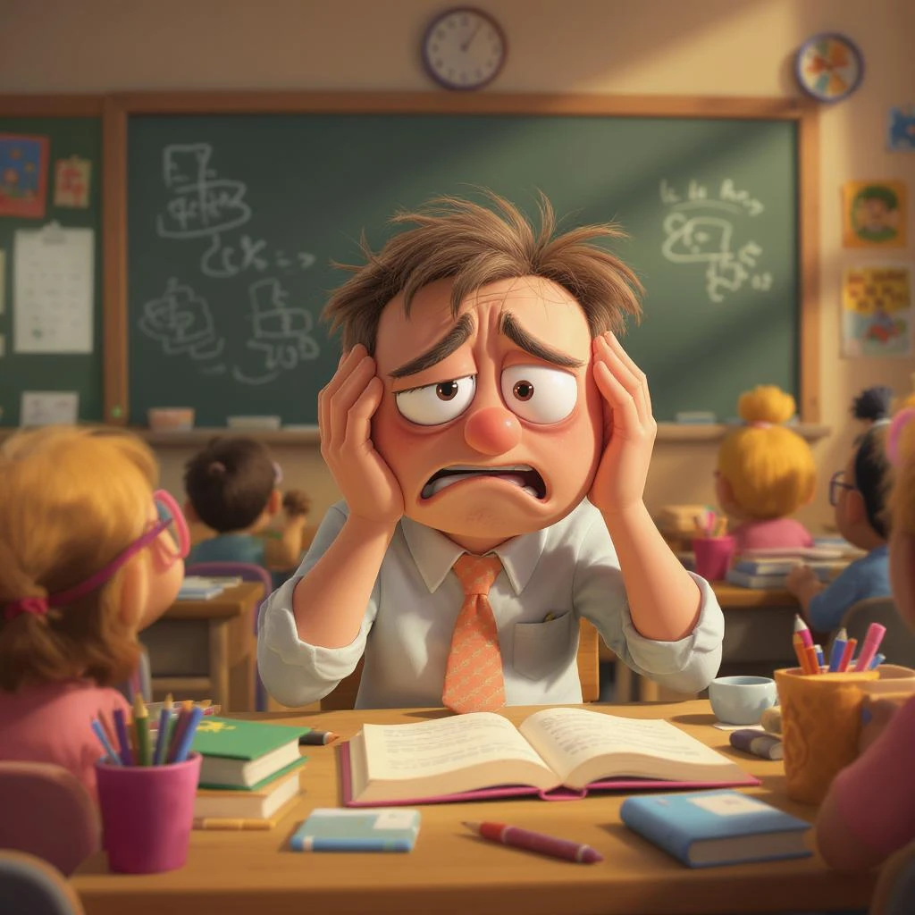 3d cartoon art of a exhausted teacher in a bustling classroom emoji