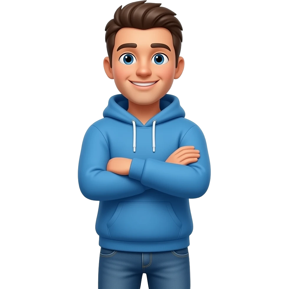 A 3D emoji-style illustration of a friendly man in casual clothes (blue hoodie and jeans), standing with arms crossed and looking directly at the viewer with a warm smile. Text in side: 'ANSWER TO THEM ON TOP' white text, while the name 'Baly' is rendered in a vibrant, glowing sky blue color. emoji