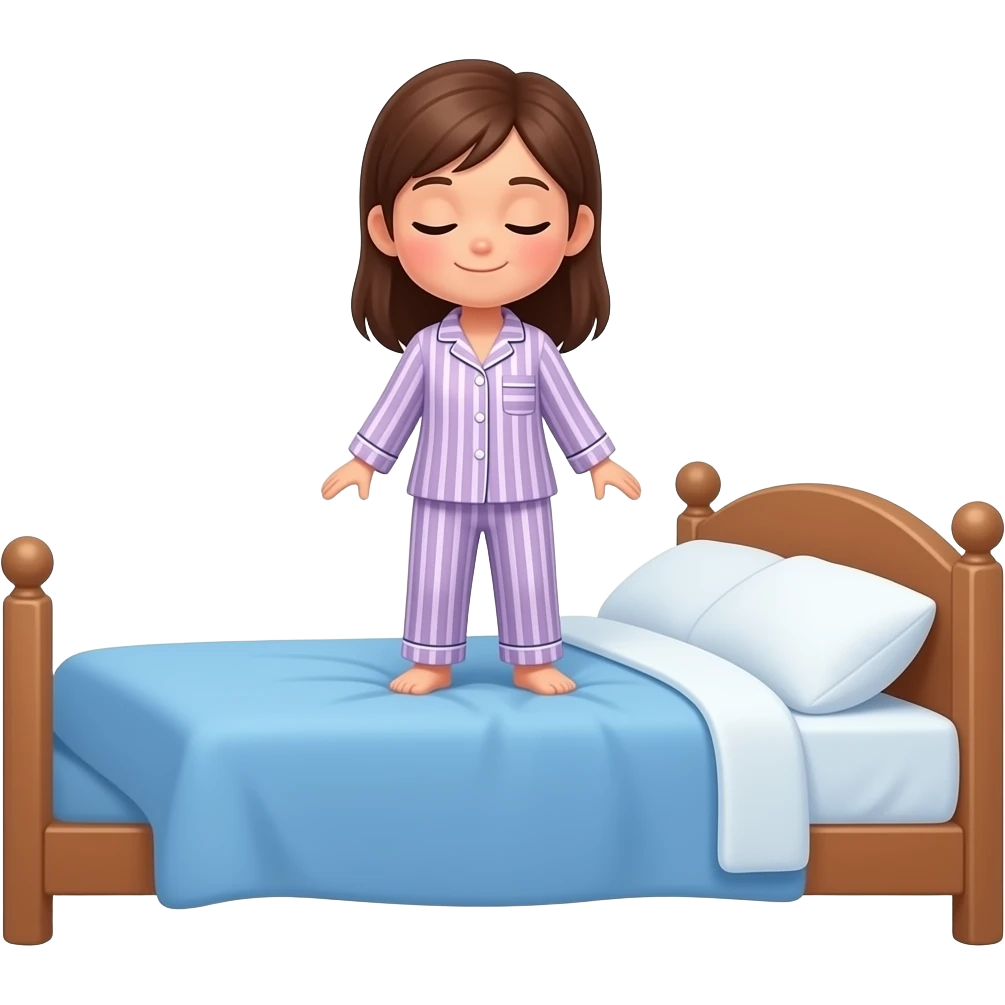 girl stands up from her bed in pijamas, she just woke up, theres is sun behind her emoji