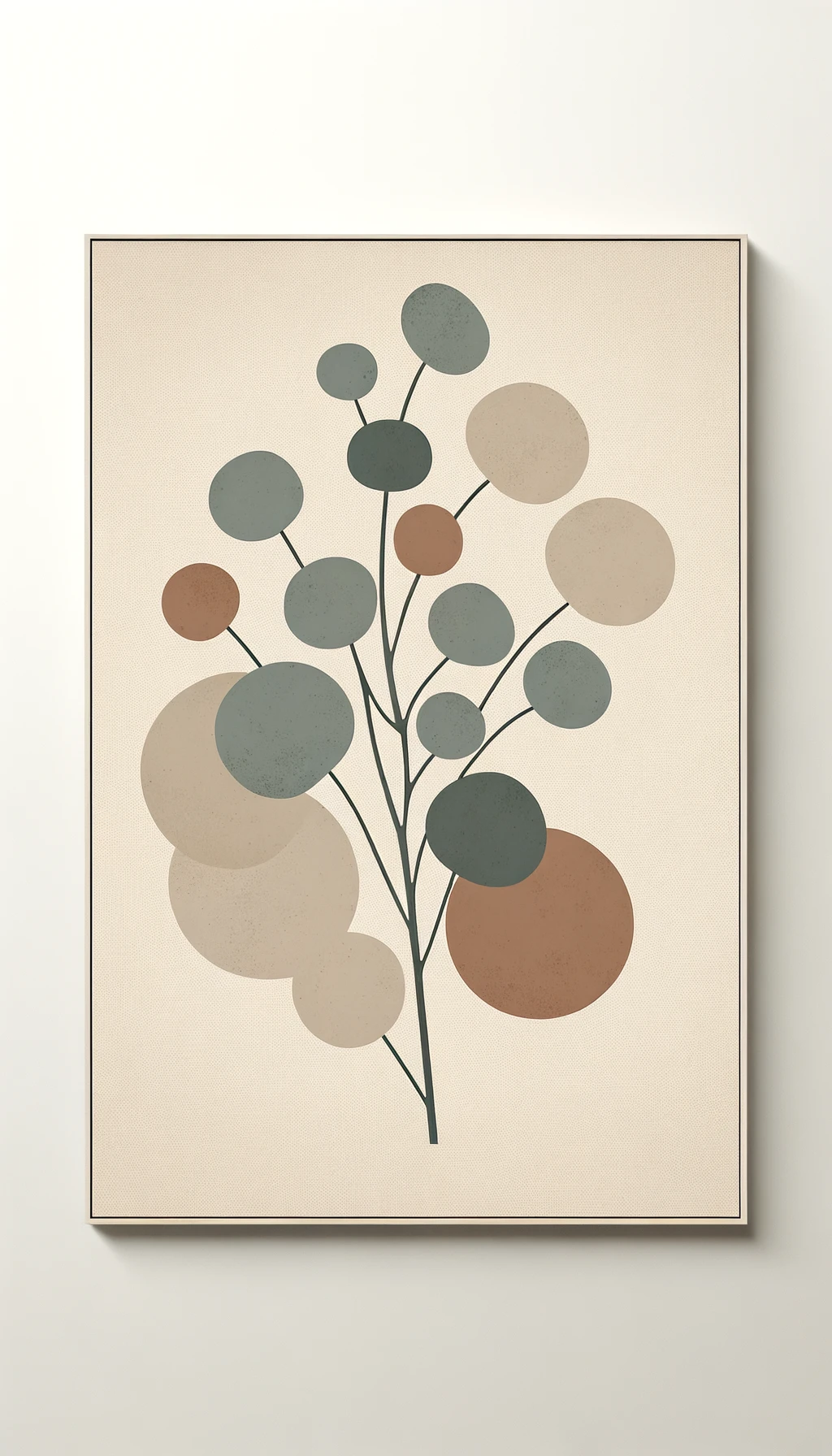 abstract botanical wall art, minimalist scandinavian style, large rounded organic shapes, eucalyptus branch silhouette, neutral earth tones (beige, sage, terracotta), subtle paper texture, modern interior decor, full bleed composition --v 6 --ar 3:4 --q 2 --style 4a emoji