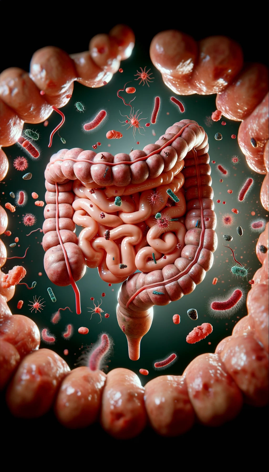 intestino umano realistico con batteri e parassiti che gli fluttuano intorno, iperrealistico 4k emoji