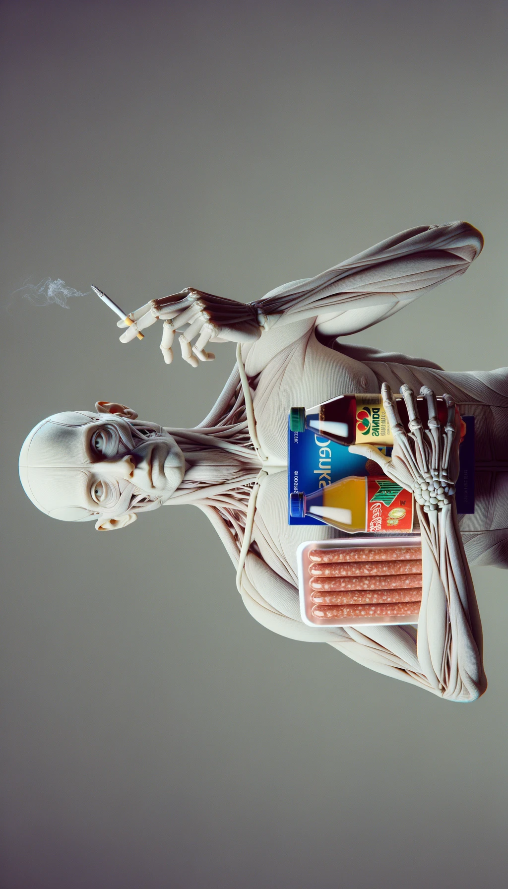 CORPO UMANO ANATOMICO CHE TRA LE BRACCIA SIGARETTE, ALCOL E WURSTEL CONFEZIONATI, LI GUARDA CON ESPRESSIONE INDECISA IN VOLTO, NEUTRAL CLEAR BACKGROUND, iperrealistico 4k emoji