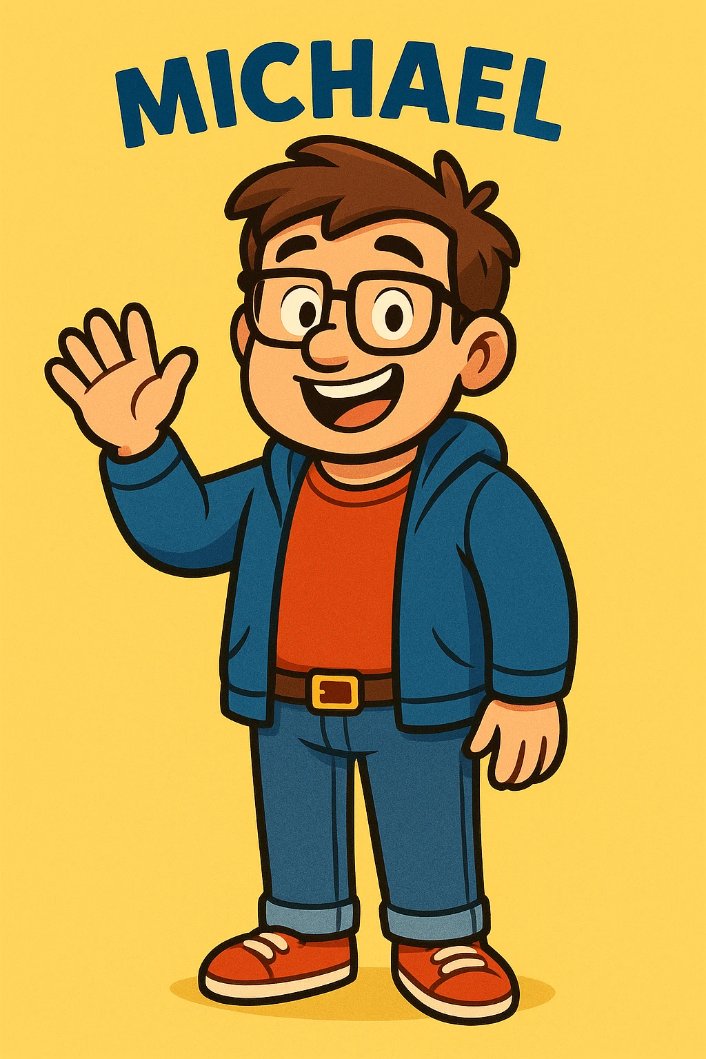 cartoon-style Michael, waving, casual clothes, approachable expression emoji