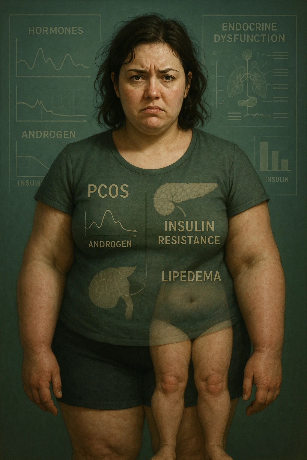cinematic realistic in italiano Woman with PCOS struggling with hormonal chaos, transparent overlay showing elevated androgens and insulin resistance affecting her body, lipedema causing disproportionate fat accumulation in legs and arms despite normal torso, expression of frustration with unexplained weight gain, medical charts showing complex endocrine dysfunction, painful swollen limbs contrasting with metabolic confusion in italiano emoji