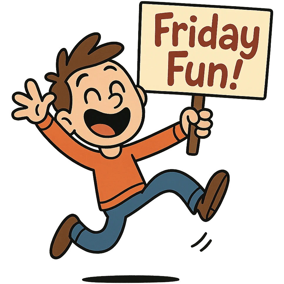 cartoon character jumping with joy holding a sign that says 'Friday Fun!' in a playful style emoji