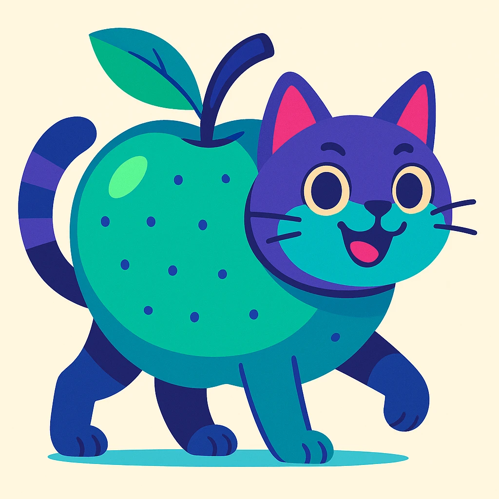 Make this animal colorful in a different palette, playful and bright, cartoon style, no meme elements, keep the apple-cat concept. emoji