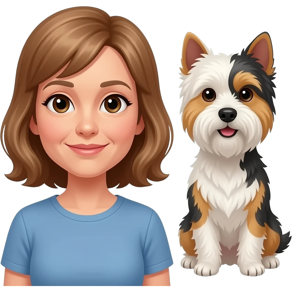 Middle age woman brown eyes , shoulder length light brown hair, with a female westie and a male westie emoji