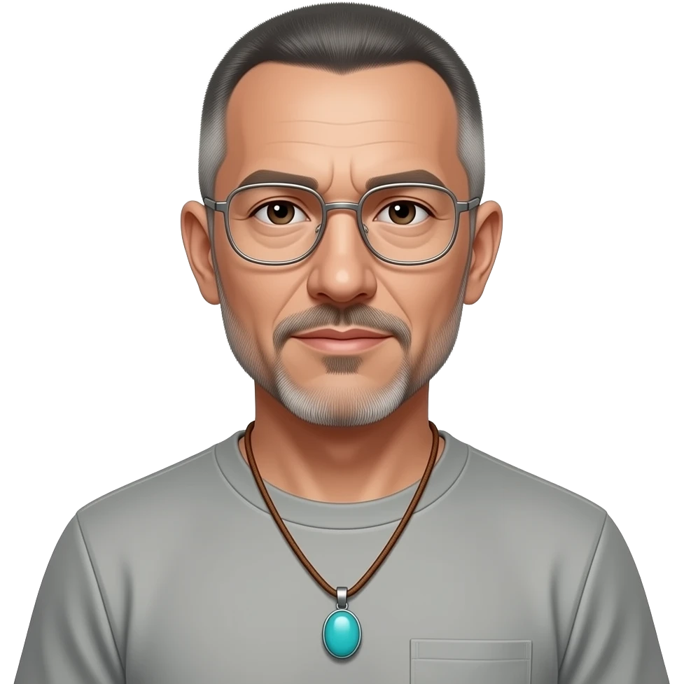 pointed chin pointed chin haved face pendant without a clasp Turquoise on brown paracord t shirt shaved grey short hair full-length photo of extreme streetwear clean-shaven face cool boy thin metal-framed glasses very entellectual man, 50 years old street wear stubble, shaved short with clippers emoji