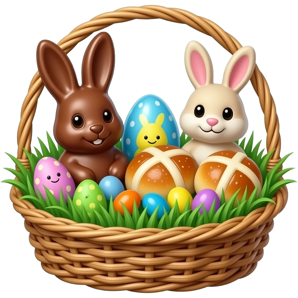 Detailed 3D iOS emoji icon. Wicker English Easter basket. Content: green grass, large solid chocolate bunny, Peeps, Jelly Beans, pastel Mini Eggs, two Hot Cross Buns. Featuring: plastic egg with surprise, plush bunny. emoji