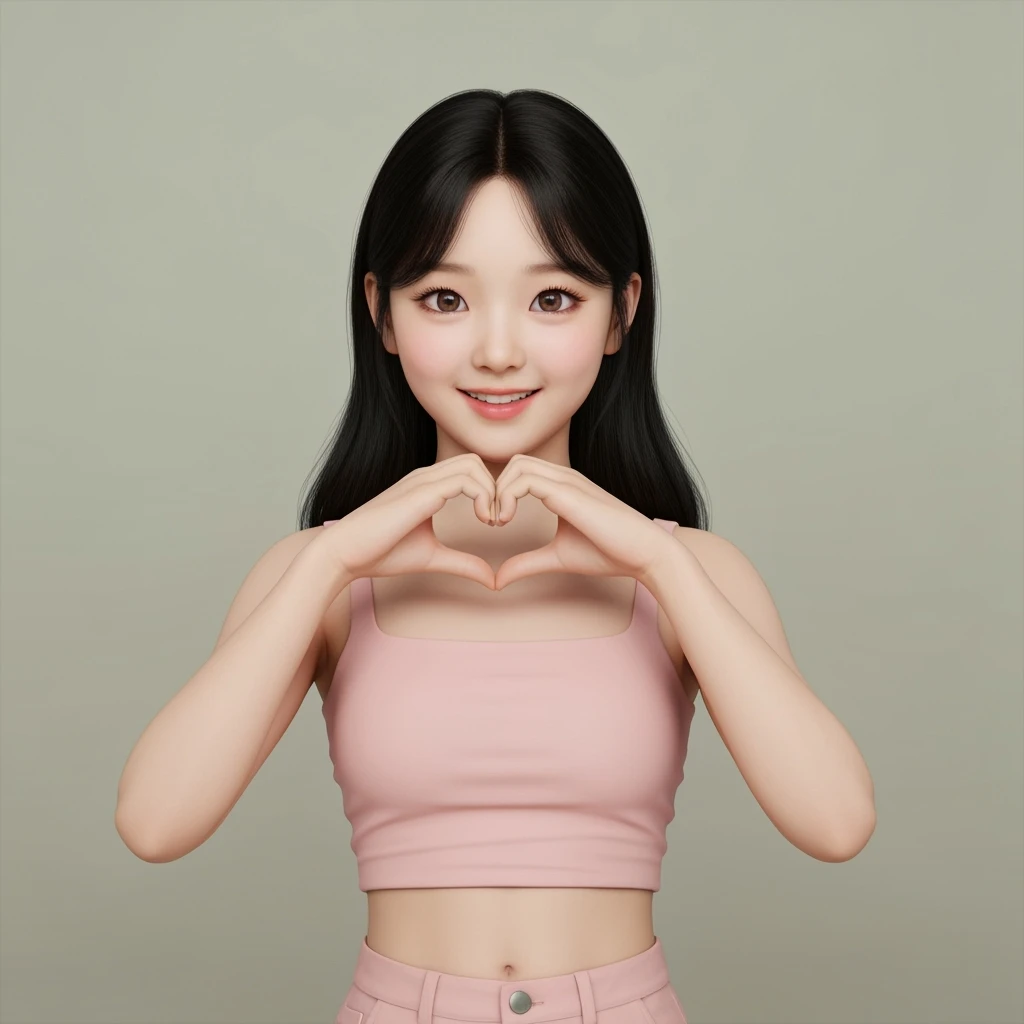 kpop girl with heart hands, cute, expressive, minimal emoji