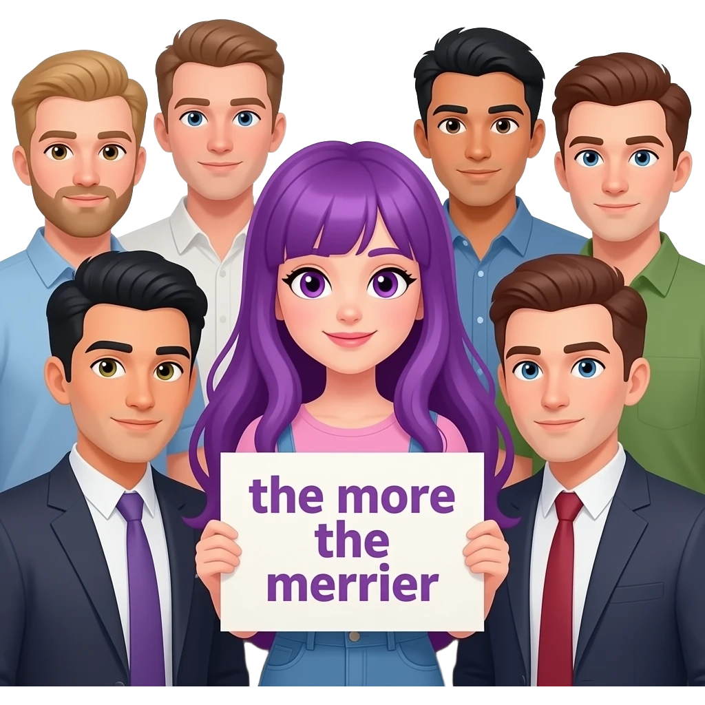 girl with long purple hair with a REVERSE HAREM because the more THE MERRIER sign emoji