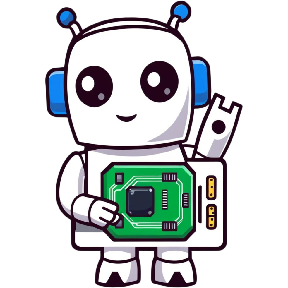 Robot holding an AI processor chip with digital circuits emoji