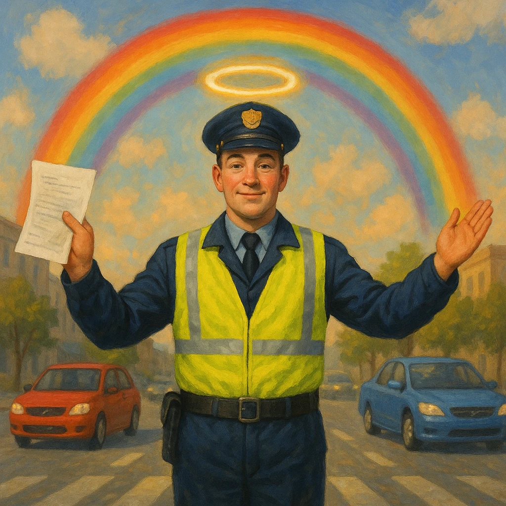 A traffic officer with a glowing halo, rainbow behind him, arms wide: one hand has paperwork, the other hand has cars moving freely. emoji