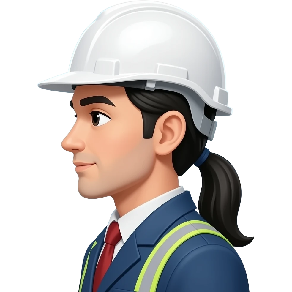 Ingeniera industrial de lado, con cabello negro largo y casco blanco, con fabria detras emoji