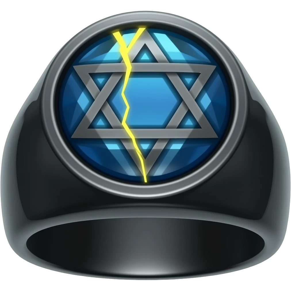 A obsidian ring with a BIG blue gem, that has a pentacle carved into it, and a crack goin through it glowing yellow emoji