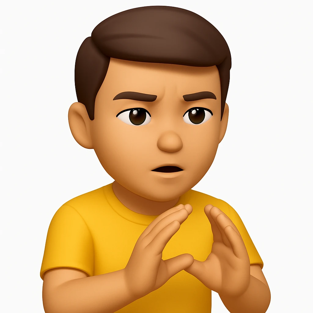 A 3D emoji in iOS emoji aesthetic style of a cartoon person holding both hands close together in front of their body, palms facing each other to show a narrow space or small distance, with a focused or explaining expression, glossy Apple-style rendering, clean white background emoji