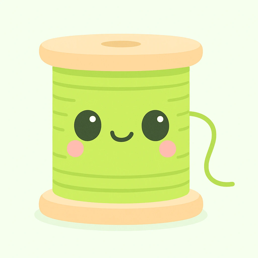 a lime green spool of thread with a smiling face, cute and friendly emoji