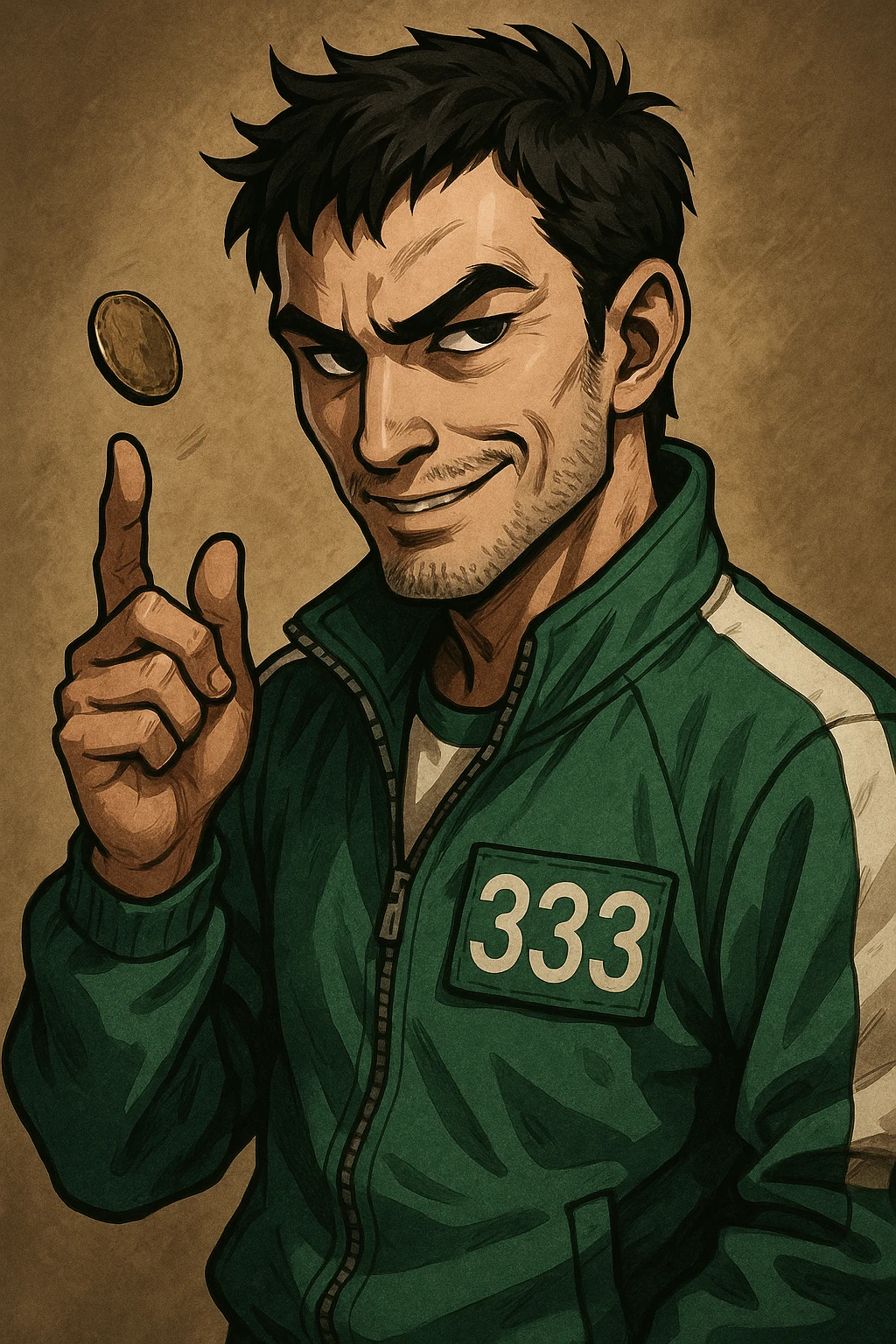 male character in a green Squid Game tracksuit with number 333, smirking, sharp black eyes, messy short black hair, slight stubble, flipping a coin, mysterious and strategic expression, design for character icon emoji