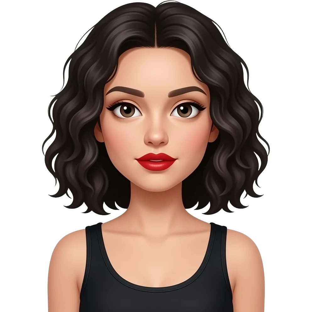 White chic with black medium length curly lob wearing a black singlet and bright red lipstick on her incredibly wafer-thin like lips emoji