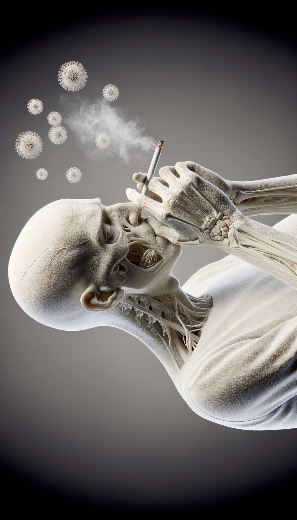CORPO UMANO ANATOMICO CHE FUMA UNA SIGARETTA E TOSSISCE, NEUTRAL CLEAR BACKGROUND, iperrealistico 4k emoji