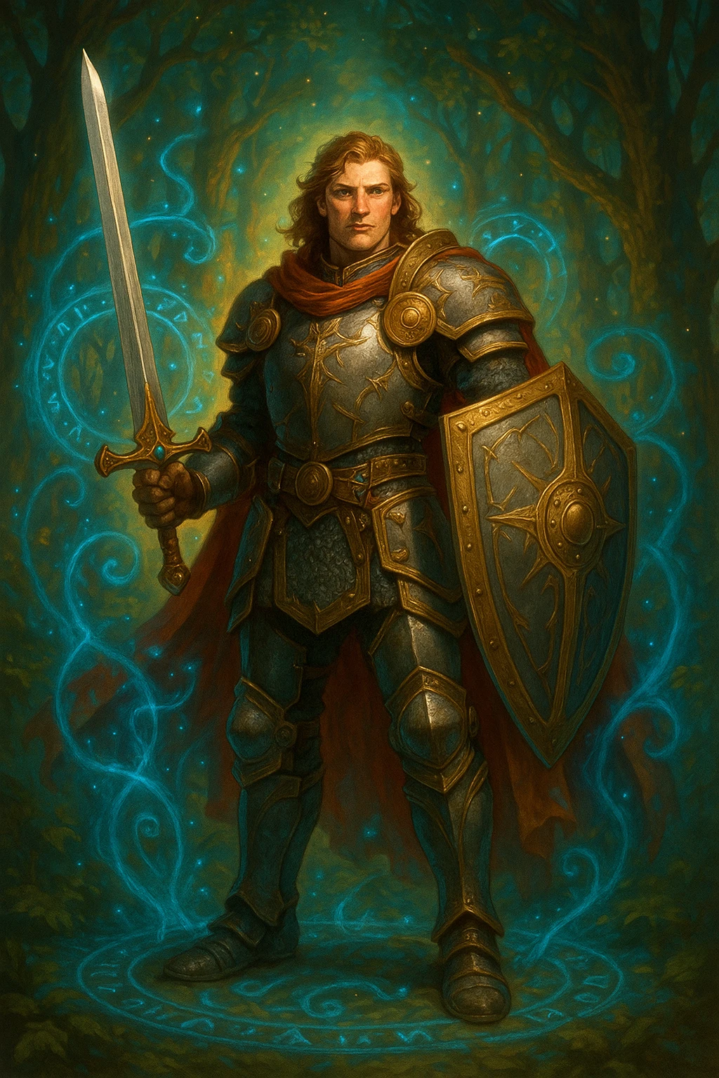 A heroic fantasy character inspired by classic fantasy systems, standing confidently with a sword and shield, wearing armor, in a magical setting emoji