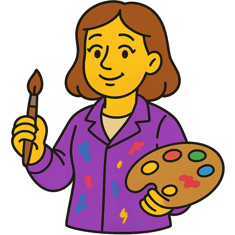Serene female oil painter, Caucasian features, shoulder-length auburn hair, soft brown eyes, gentle smile, wearing a violet painter’s smock lightly stained with paint over a beige blouse, holding a wooden palette with vibrant colors in one hand and a brush in the other, waist-up, front-facing emoji