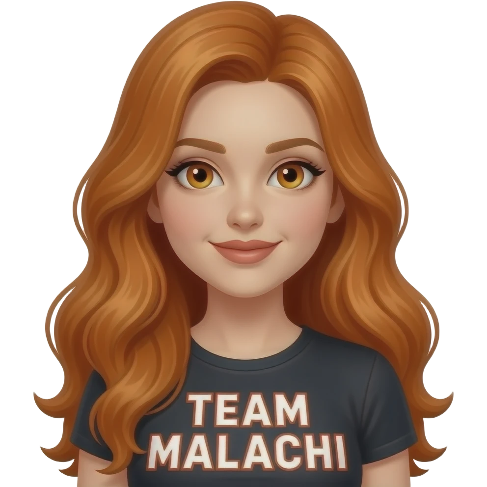 sexy girl with long ginger hair and ginger eyes a top with TEAM MALACHI written on it emoji