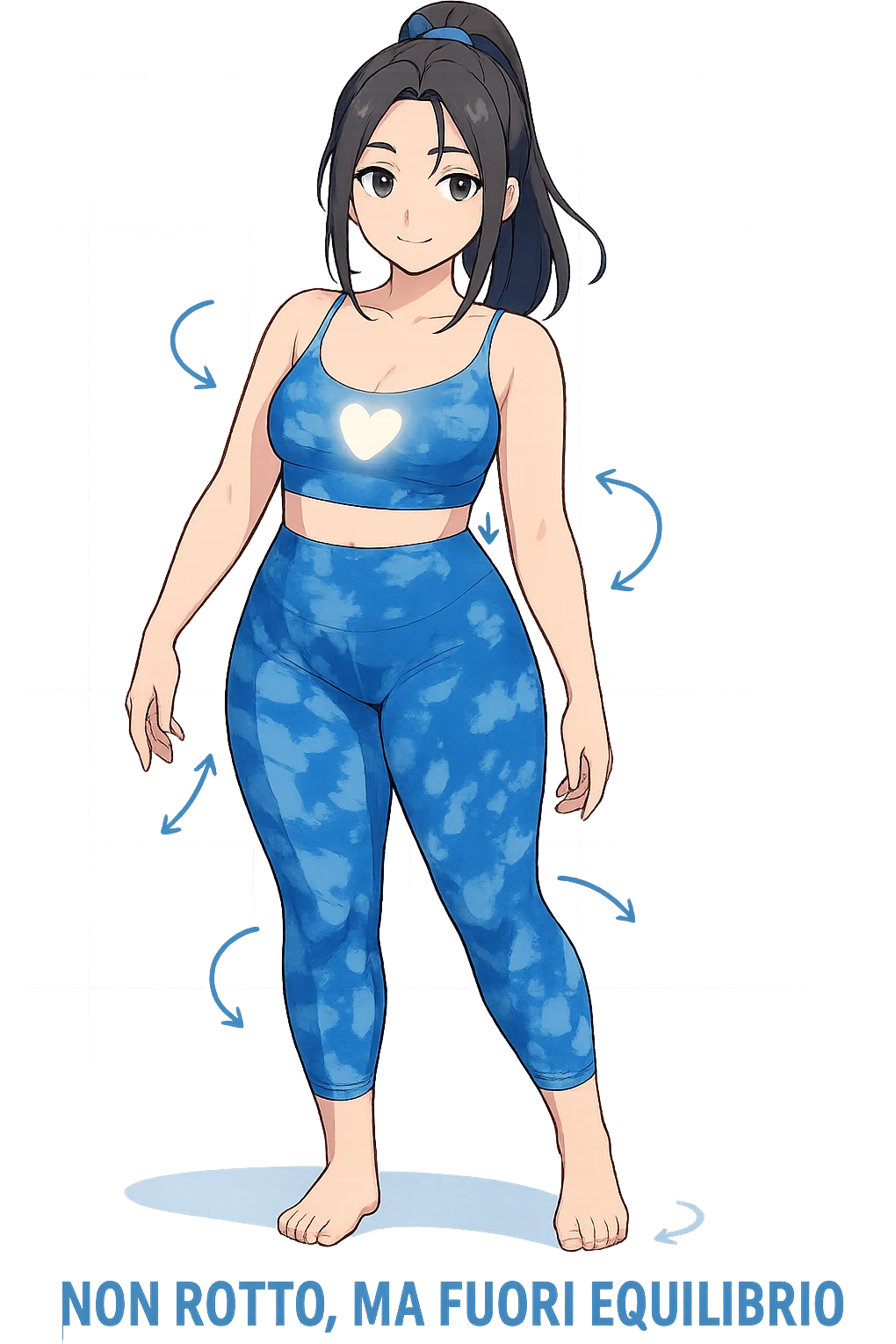 stile manga a woman stands in a relaxed pose, with a gentle, confident expression. Her body is shown with subtle, curved lines or arrows indicating areas of imbalance (such as a slight tilt in the shoulders or hips), but no signs of injury or damage. A soft glow or heart symbol at her core emphasizes resilience and the message “Non rotto, ma fuori equilibrio” The background is clean and clinical, with light blue tones. emoji