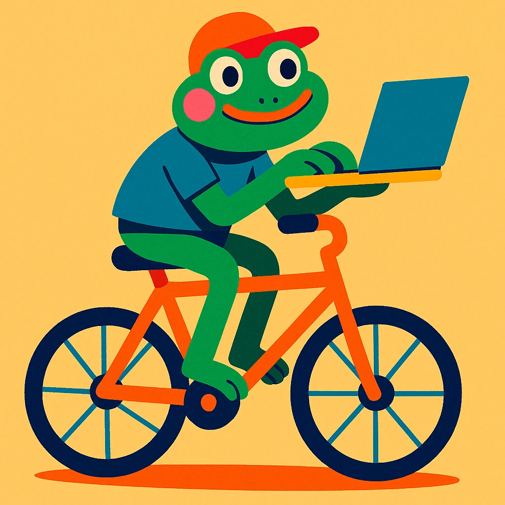 a quirky frog balancing a laptop on a bike, working as it rides, playful and colorful cartoon style emoji