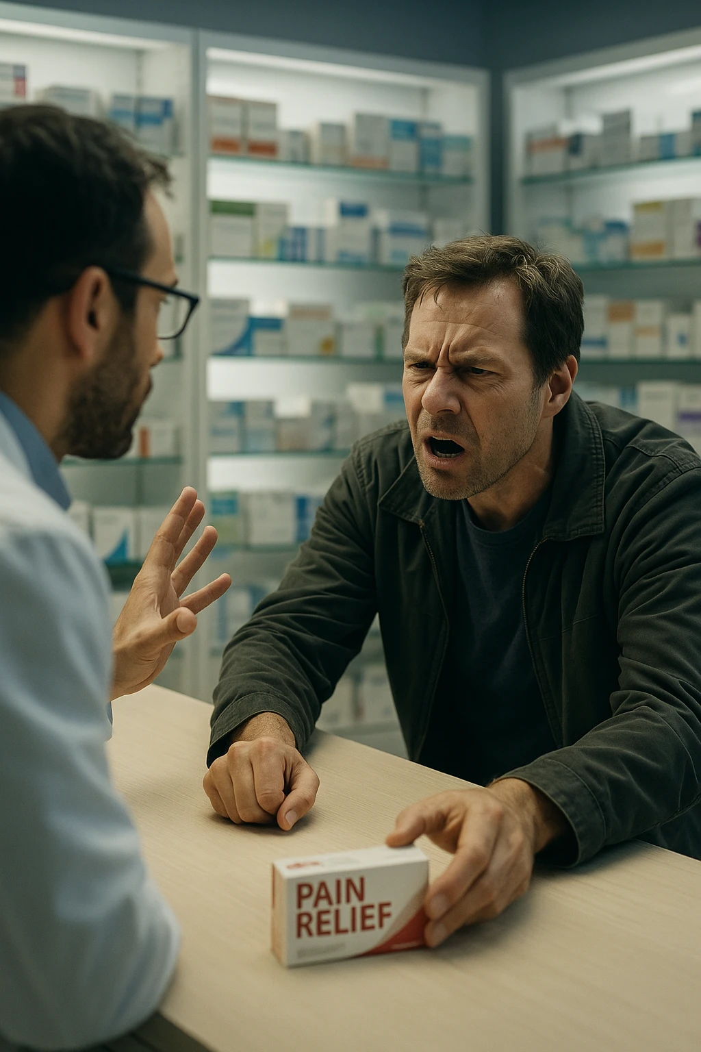 Cinematic Frustrated man at pharmacy counter demanding immediate pain relief medication, expression of impatience wanting instant symptom elimination, ignoring pharmacist's questions about underlying causes, grabbing prescription bottle eagerly, symptom suppression taking priority over healing, modern medicine aisle promising quick fixes for complex health problems" in italiano emoji