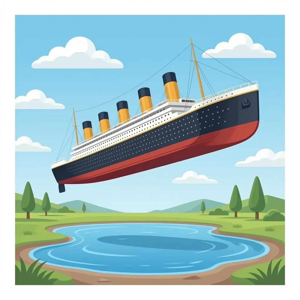 The ship Titanic flies above a shallow puddle of water - horizontally emoji
