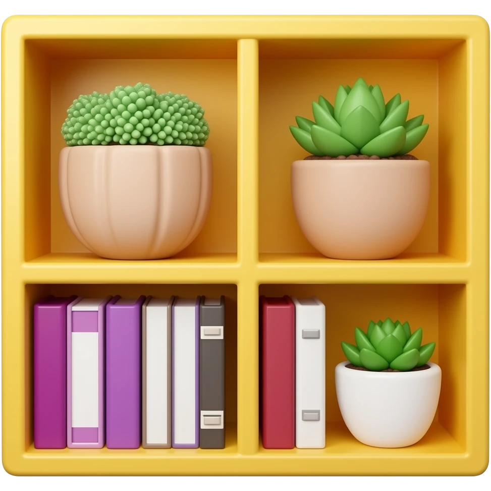 yellow and purple  bookshelf with succulents inspired by Barbie colour palette emoji