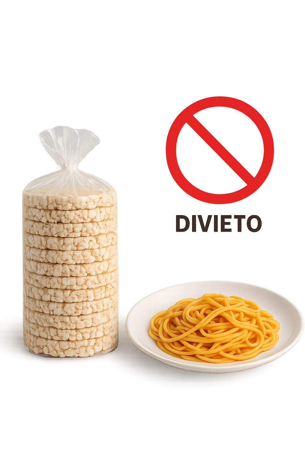 confezione di gallette di riso con accanto un piatto di pasta con divieto sopra, in italiano,  realistici emoji
