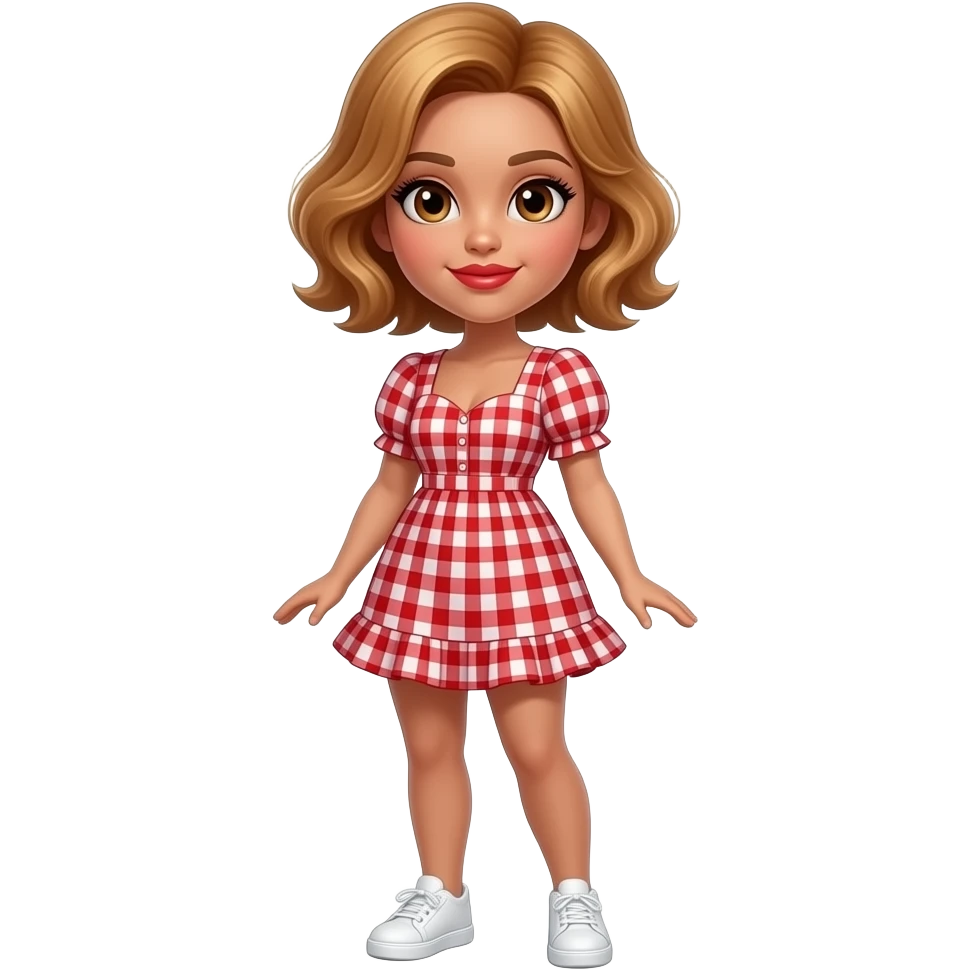 glamours,-tanned,-very-beautiful-girl,-with-big-plump-red-lips,-long-long-lashes,-honey-silky-very short- hair,-wavy-hair,-hazel-eyes- wearing- red-gingham-frill - dress- white-sneakers-shrugging-full-body emoji