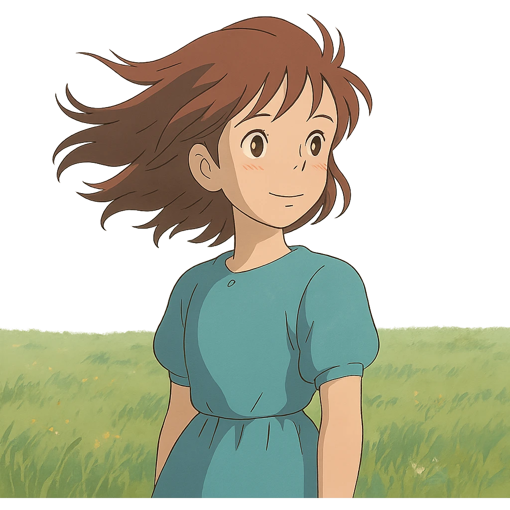 young girl with wind-blown hair standing in a field, ghibli style emoji