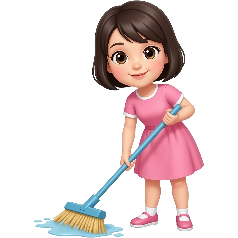 chica de cabello oscuro y corto, con ojos color cafe, con vestido color rosa, barriendo la casa emoji