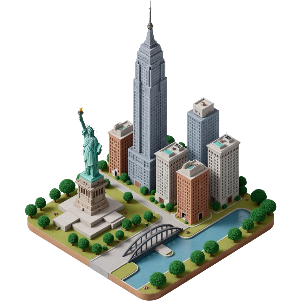 Photorealistic Isometric miniature of New York Сity Empire State Building, Chrysler Building, One World Trade Center, Statue of Liberty, Brooklyn Bridge and another skyscarappers emoji