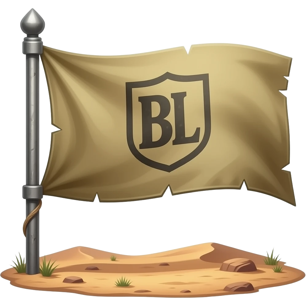 Minimal tactical cartoon emoji style, torn desert flag on short pole with faded “BL” insignia, wind-blown fabric, dusty weathered appearance, transparent background, centered composition, thick outline, muted tactical earth tones. emoji
