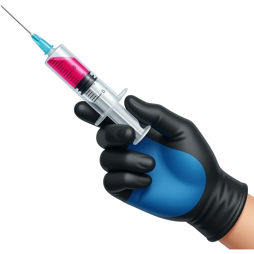 A gloved dainty male hand holding a syringe with glowing neon-red liquid inside. The glove is black but with cobalt-blue palm emoji