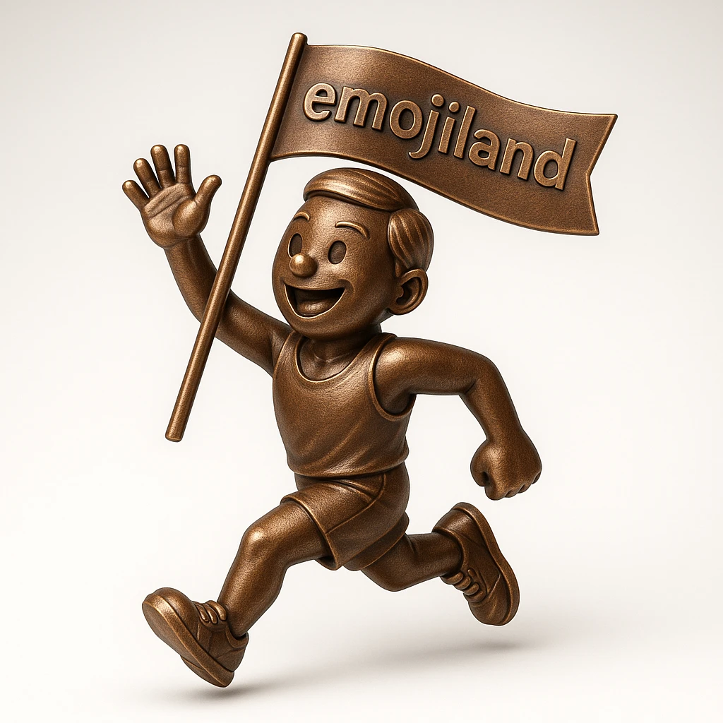 happy runner waving a flag that says 'emojiland' emoji