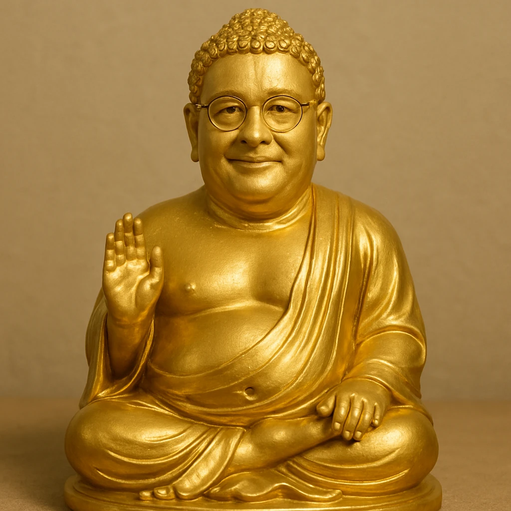 Сгенерируй мне такую же сувенирную статуэтку будды, только с лицом человека которого я прикрепил. Статуэтка должна быть полностью из такого же золота  emoji