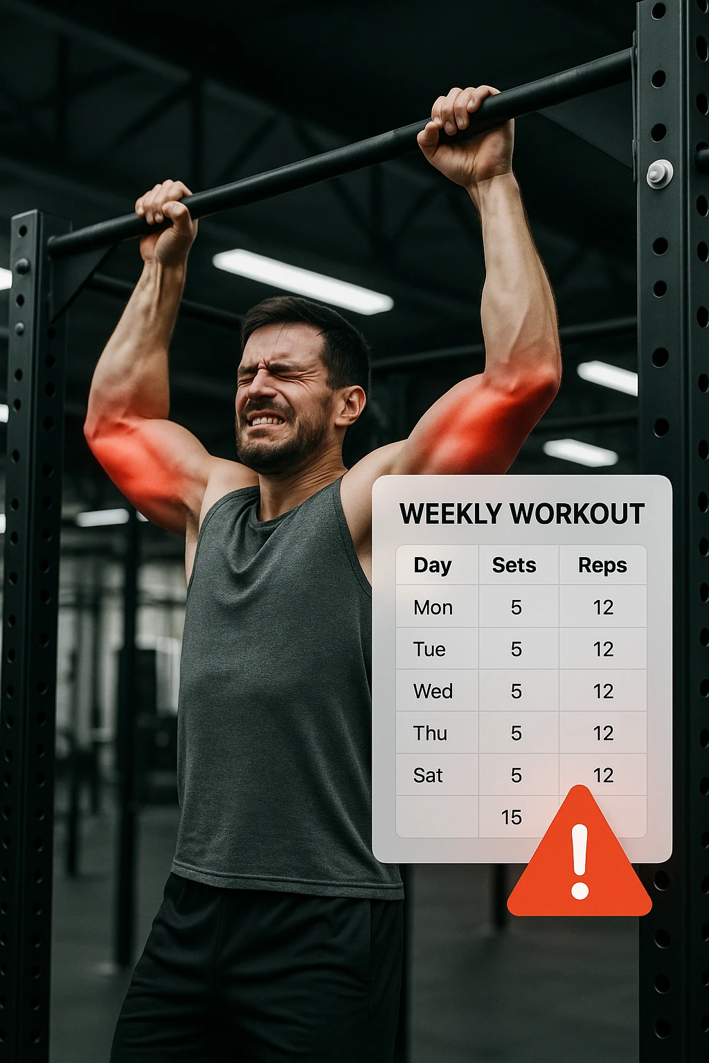 a man in gym attire performs pull-ups on a bar, with his elbows highlighted in bright red to indicate inflammation. A digital overlay shows a weekly training log with high numbers of sets and reps, and a warning icon appears next to the log. The man’s face shows pain and fatigue. The background is a modern gym, emphasizing the link between excessive training volume and injury. scritto in italiano emoji