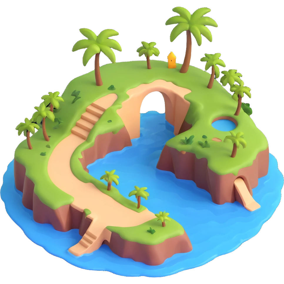 an island with a large hole or arch through it, surrounded by water, 3D emoji style emoji