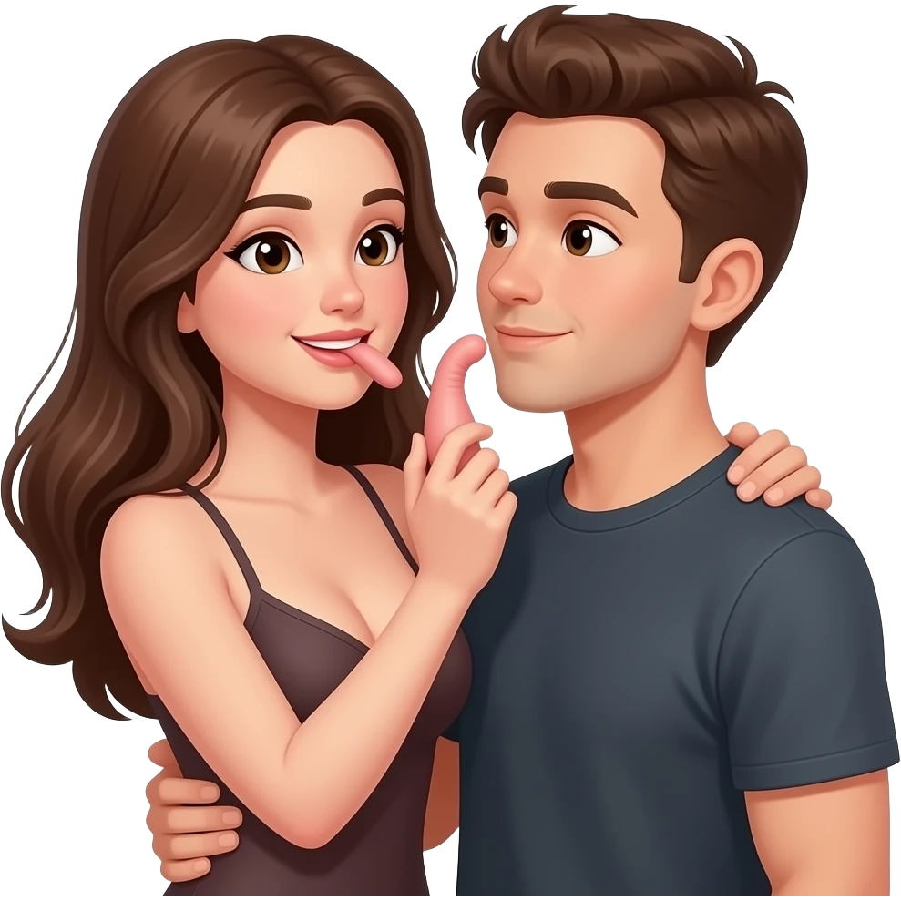 Brown hair woman with tits out holding a brown hair man in his 20s Penis in her hand with her mouth on his penis emoji