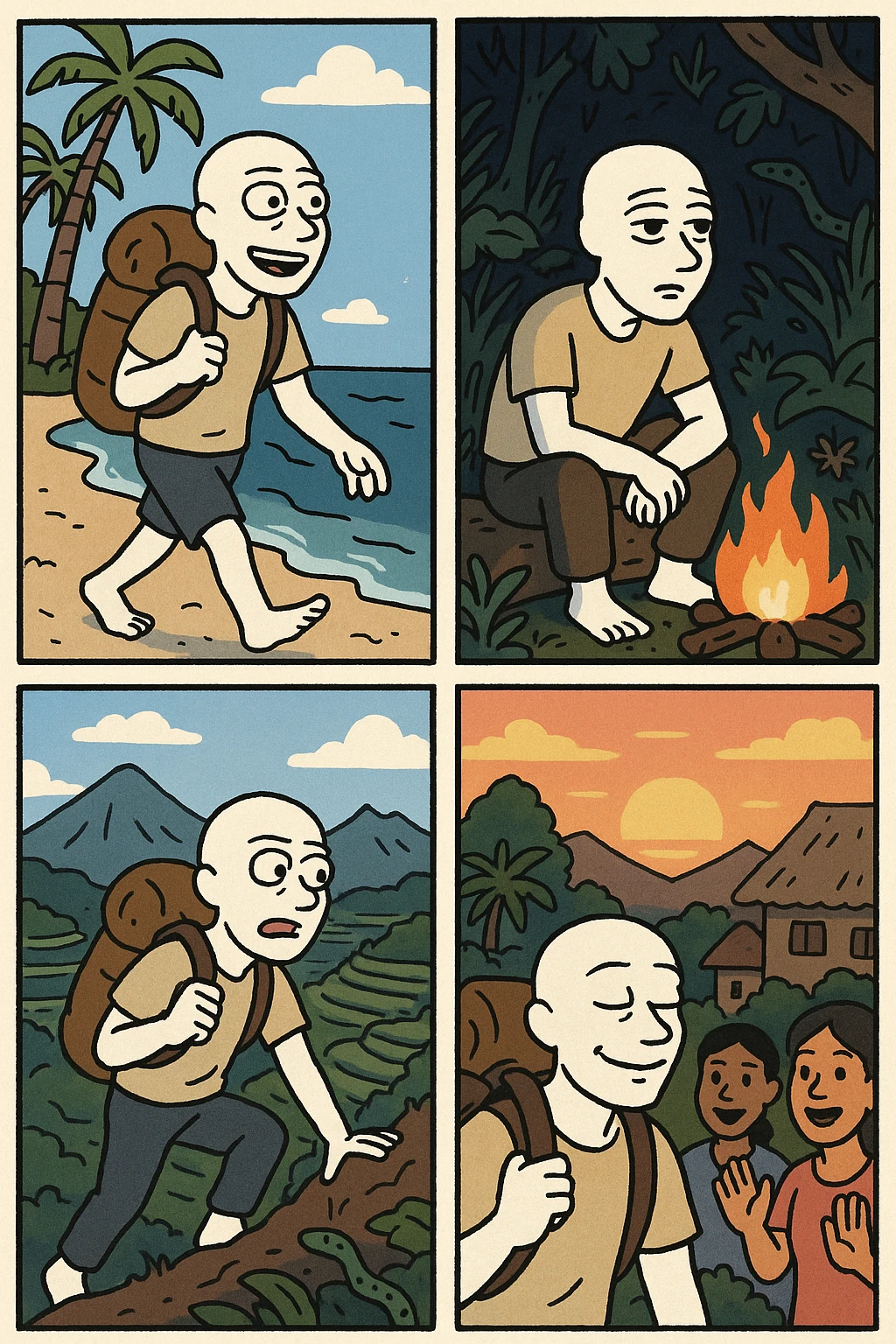 Create a wojak-style comic book with four panels, telling the story of a bali nomad's adventure emoji