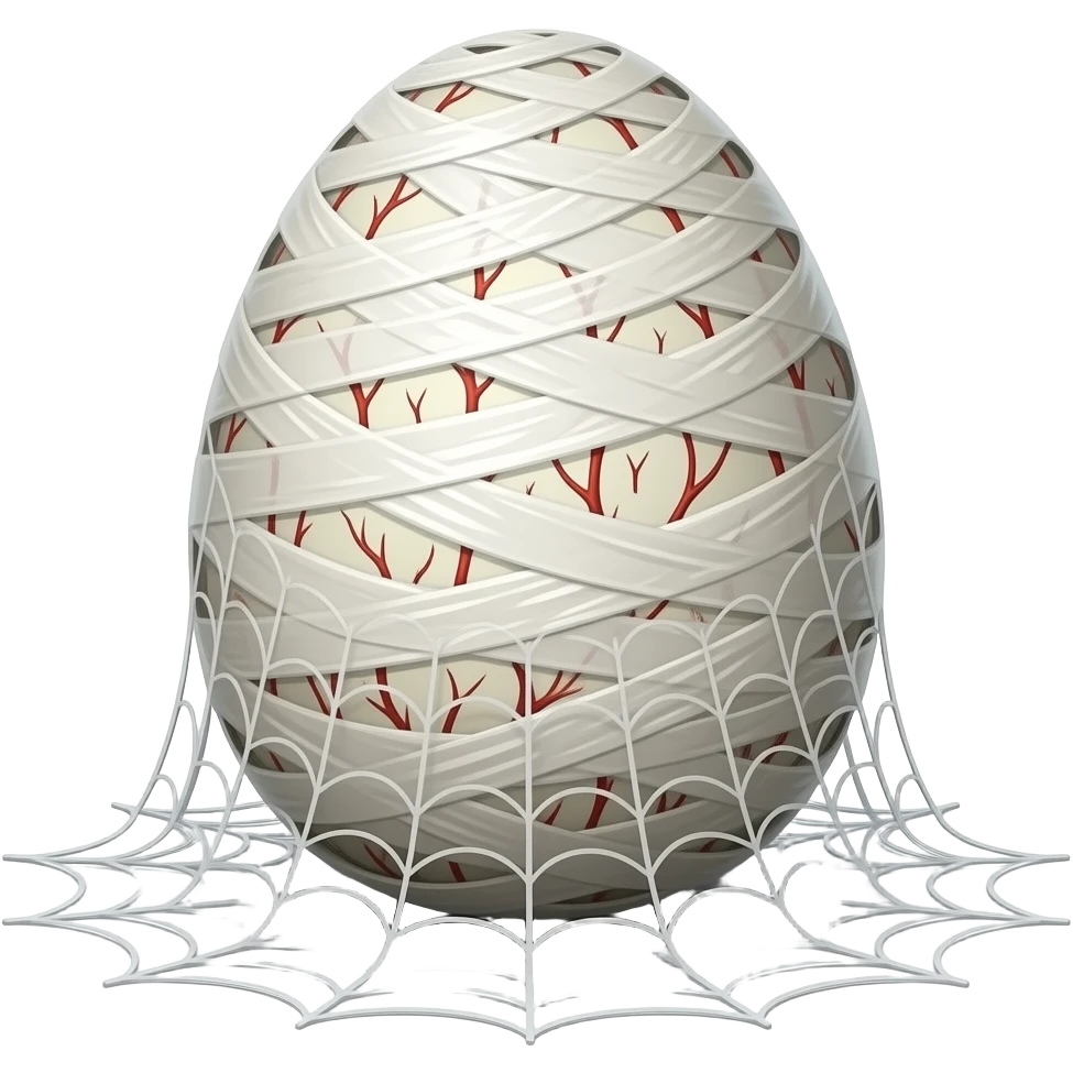 giant white duct tape egg with thick coat of huge coating of slik wrappings all over white cocoon  with red veins covered with thick layers white  spider slik  webbings wrappings on the ground emoji